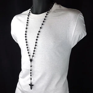 Men's Hip Hop 8mm BLACK Beads D-Shape Rosary & Jesus Cross Necklace BK - Picture 1 of 7