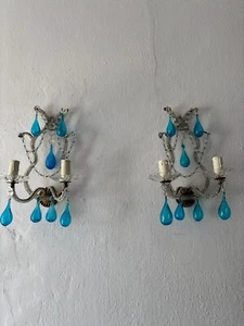 Beaded Crystal Swags Aqua Blue Mouth Blown Murano Drops Sconces One of a Kind - Picture 1 of 12