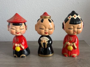 Vintage Lot of (3) 1960s Japan Japanese Hand Painted Wooden Bobble Head Dolls 6" - Picture 1 of 21