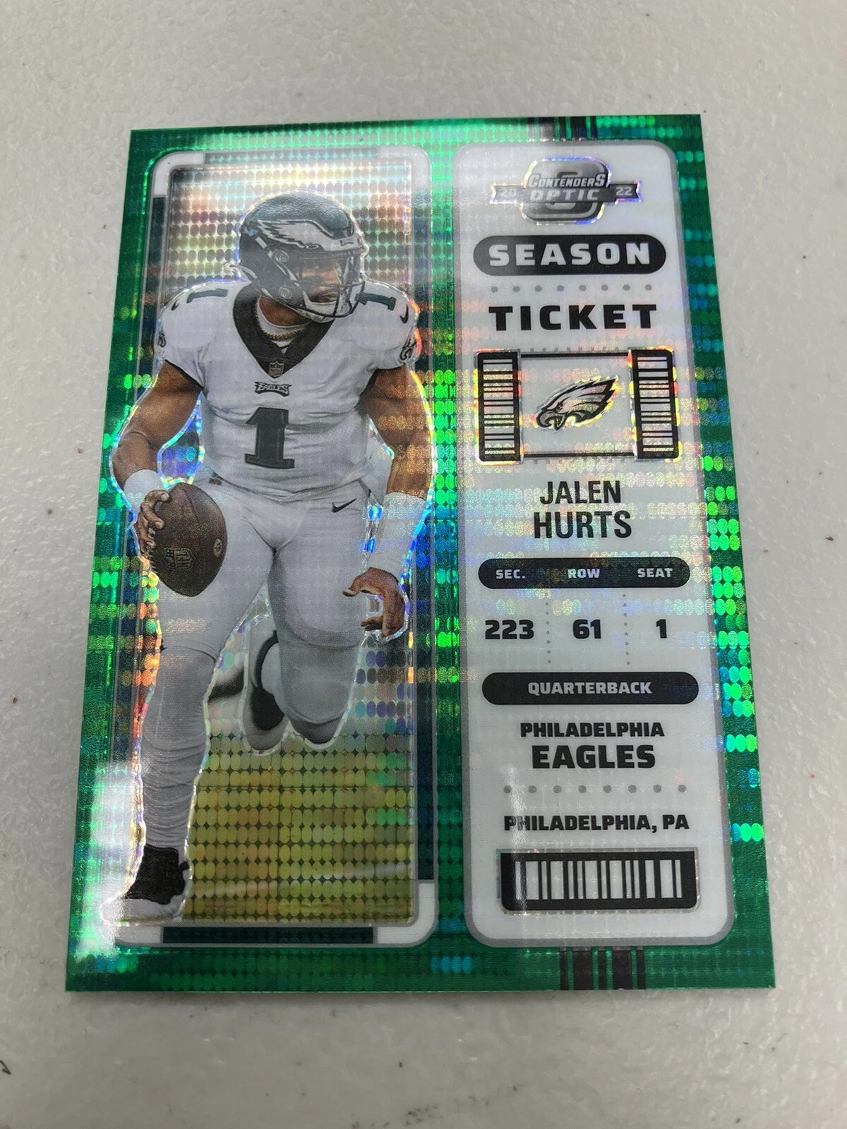 2022 Panini Contenders Optic #43 Jalen Hurts Green Pulsar #’d 5/30 Eagles