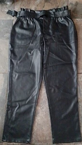 WOMEN'S PRIMARK BLACK FAUX LEATHER ELASTICATED BELTED TROUSERS UK 14 - Picture 1 of 5