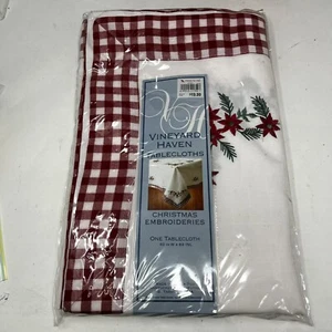 Vineyard Haven Christmas Embroidery 🎄Fabric Tablecloth 60"x 84"Red & White - Picture 1 of 3
