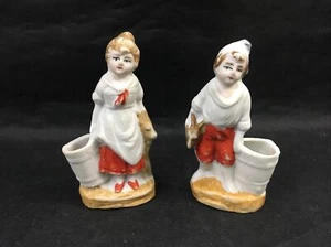Girl & Boy Porcelain Figurine Bud Vases Made Germany 2.5" Candle Holders Figures - Picture 1 of 11
