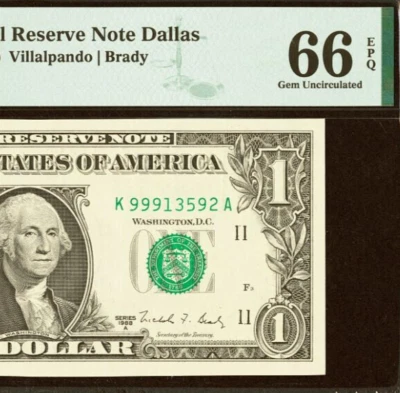 1988A $1 Federal Reserve Note PMG 66EPQ Gem Dallas Fr 1915-K - Image 1 of 3