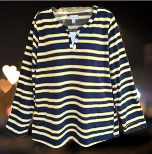 Kim Rogers Mujer Talla L Top Blose Henley Mangas Largas Pestaña Enrollable Rayas - Imagen 1 de 9