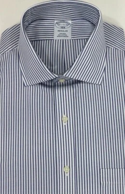 Brooks Brothers 普通 16.5 34/35 全棉非铁条纹白色海军蓝全新带标签118 美元 — 第 1/4 张图片