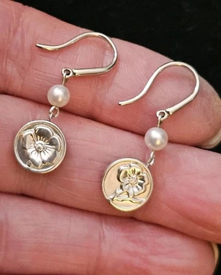 Tiffany & Co Silver Pearl Rose Flower Drop Earrings "Nature Rose" Collection - image 1 of 4