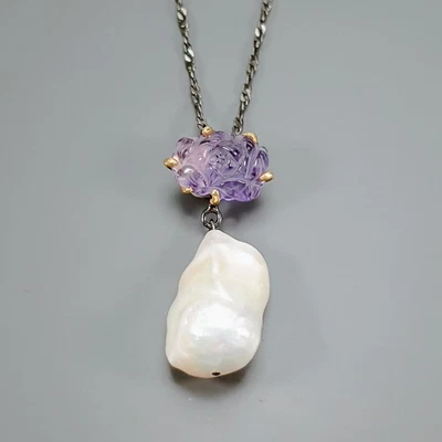 Handmade Natural Baroque Pearl Necklace 925 Sterling Silver 18.5"/N27026 - Image 1 of 4