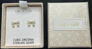 Lake + Gray Bow Stud Earrings Gold Sterling Silver CZ Cubic Zirconia New - Picture 1 of 2