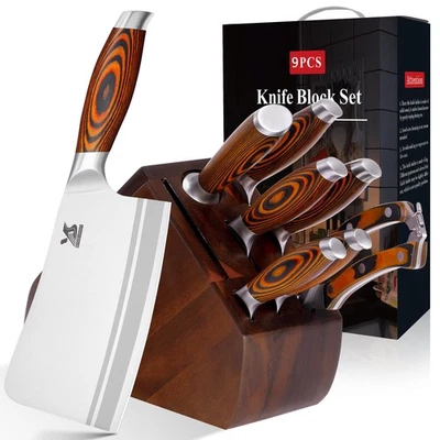 Juego de bloques de cuchillos de 9 piezas, juego de cuchillos de cocina de acero alemán con picadora de huesos, precio... Foto 1 de 4