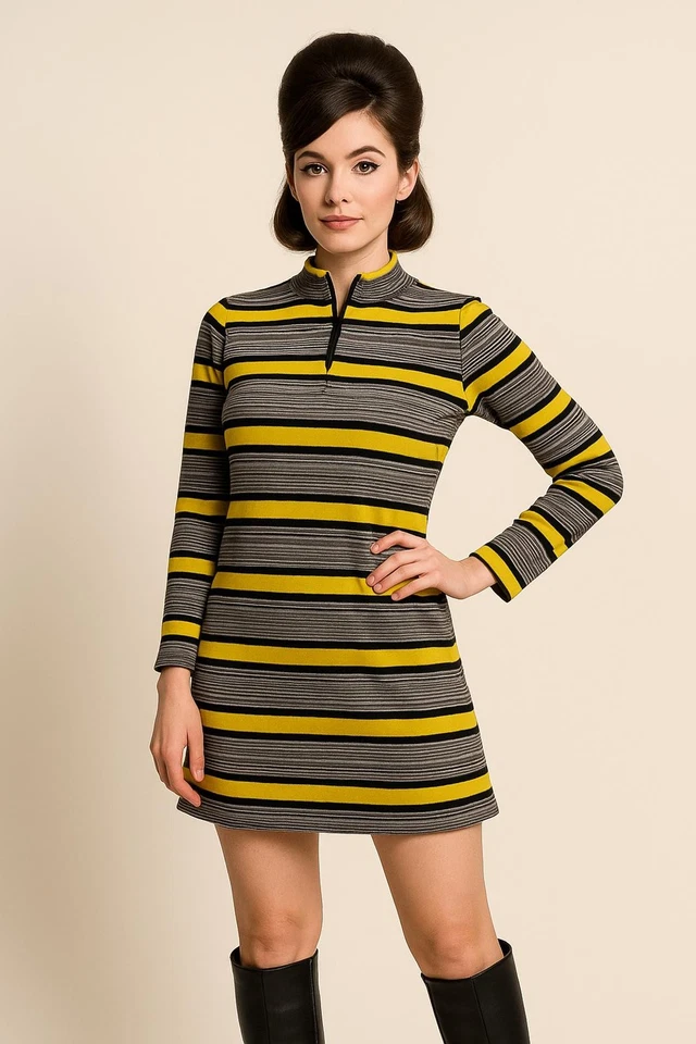 Mini vestido de malha vintage década de 1970 M amarelo preto cinza listrado mod gola com zíper retrô - Imagem 1 de 4