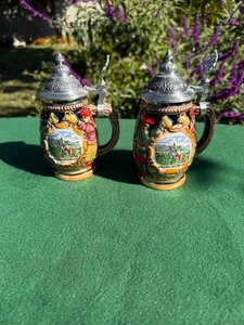 VINTAGE SMALL BEER MUGS GERMAN CERAMIC 6 " TALL SET OF 2 - Picture 1 of 7