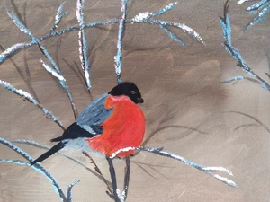 ORIGINAL Painting " BULLFINCH" IMPRESSIONISM COLLECTABLE Bright UK Xmas Art - Picture 1 of 10