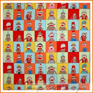 BonEful Fabric FQ Cotton Quilt Rainbow Red Blue Funky Sock Monkey Baby KID Block - Picture 1 of 12