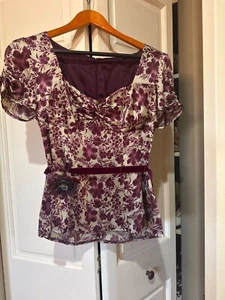 Nanette Lepore Silk Satin Twist Women’s Top Floral Plum Silver Size small - Picture 1 of 11