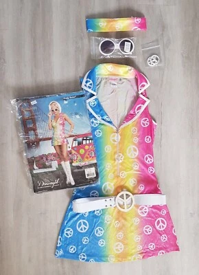 60s 70s HIPPIE - SMALL - FANCY DRESS COSTUME peace FULL OUTFIT retro MINI DRESS - Image 1 of 4