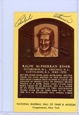 Ralph Kiner Signed Yellow Hall of Fame Plaque Postcard JSA Auto HOF Post Card - Image 1 of 3