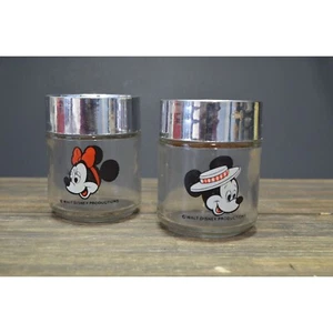 Vtg Walt Disney Mickey Minnie Mouse Salt Pepper Diner Shakers Glass Plastic Lid - Picture 1 of 11