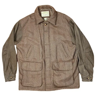 ORVIS Houndstooth Brown Wool & Suede Bomber Jacket Tattersall Lining Men's Sz L - Image 1 of 4