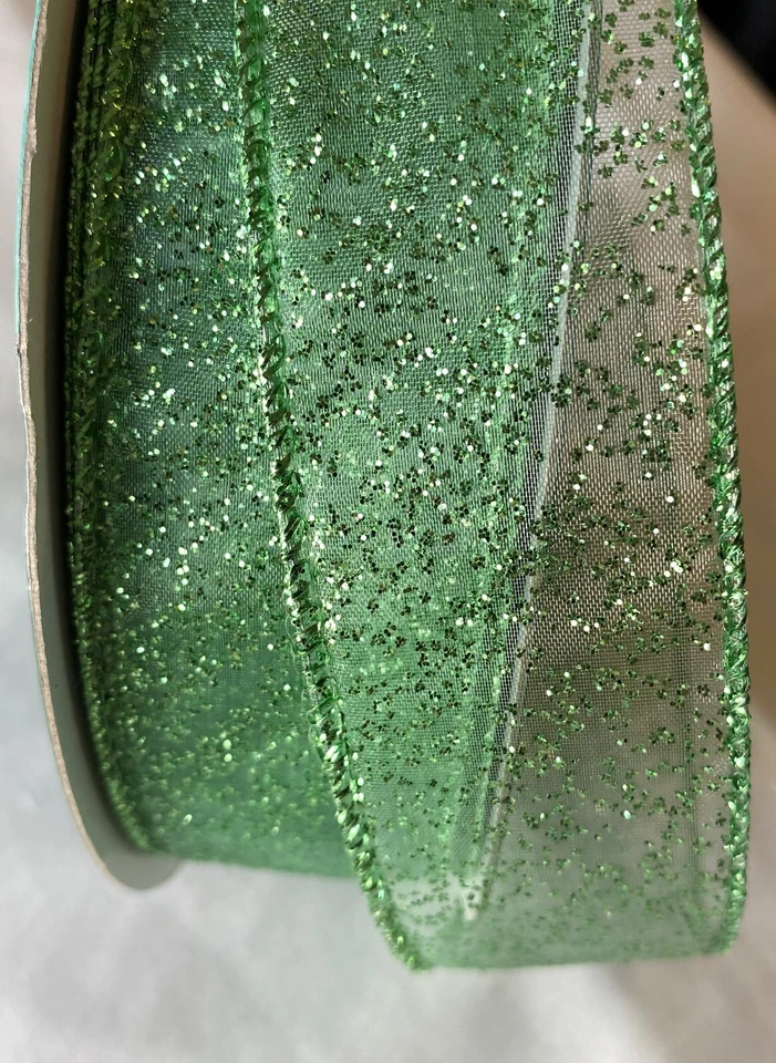5 yds. SHEER GREEN GLITTER WIRE EDGE RIBBON  1 1/2" Wide - Image 1 of 1