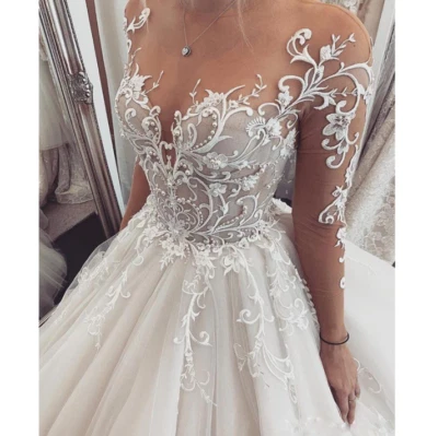 Wedding Dresses Long Sleeves Lace Appliques Illusion Court Train Bridal Gowns - Image 1 of 4