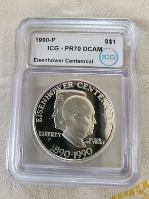 *1990 P Eisenhowe Commemorative Dollar* *PR70 DCAM ICG Graded  *Fine Silver* - Image 1 of 4