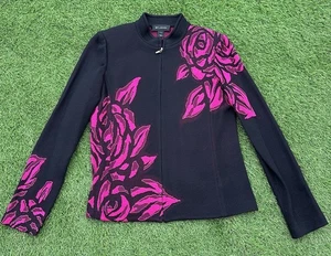 St. John Knits Floral Patterned Zip-Up Jacket Blazer sz 6 Dark Pink/Black - Picture 1 of 10