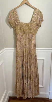 Maxi Vestido FREE PEOPLE Talla M Amarillo Floral Escapada Calado en Niveles Boho Campesino Foto 1 de 4