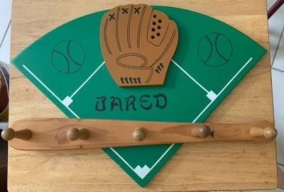 Wood Wall Mounted 5 Peg Coat & Hat Rack Green Baseball Bat & Glove Child Jared - Image 1 of 4