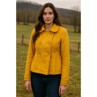 Abrigo Anthropologie de tul para mujer pequeño abrigo guisante amarillo mostaza lana botón delantero Foto 1 de 4