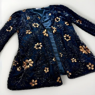VTG Carina Silk Sequin Beaded Blazer Large Black Floral Jacket Artsy Boho Whimsy - Image 1 of 4