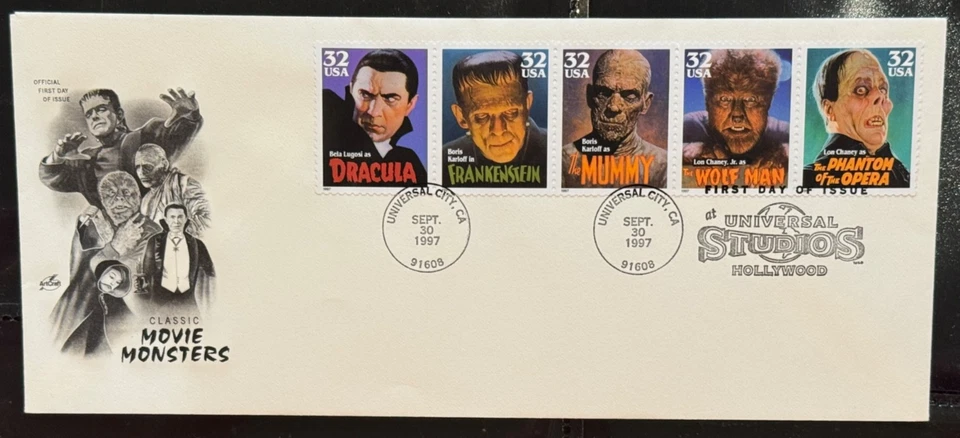 #3168-3172 ArtCraft CLASSIC MOVIE MONSTERS Strip of 5 on single FDC Perfect! - Image 1 of 1