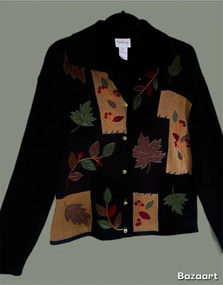 De colección. Cárdigan suéter Crystal Kobe para mujer talla mediana negro hojas de otoño Foto 1 de 4
