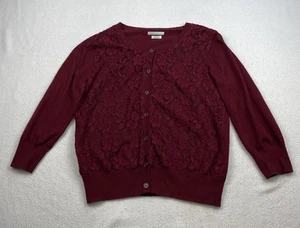 Van Heusen Lace Sweater Cardigan Women’s M Button Down Red Wine 3/4 Sleeve - Picture 1 of 7