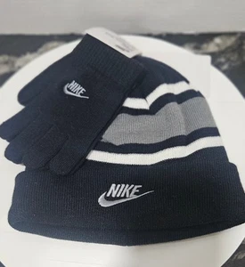 New Nike Beanie & Glove Set Black White Gray Unisex Kids Striped 2 Piece  - Picture 1 of 5