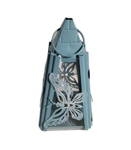 Butterfly Tealight Luminary Lantern Glass & Metal W/ Handle Butterflies Blue - Picture 1 of 6