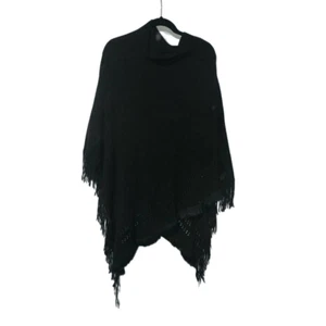 Black Knit Sweater Fringe Poncho One Size - Picture 1 of 5