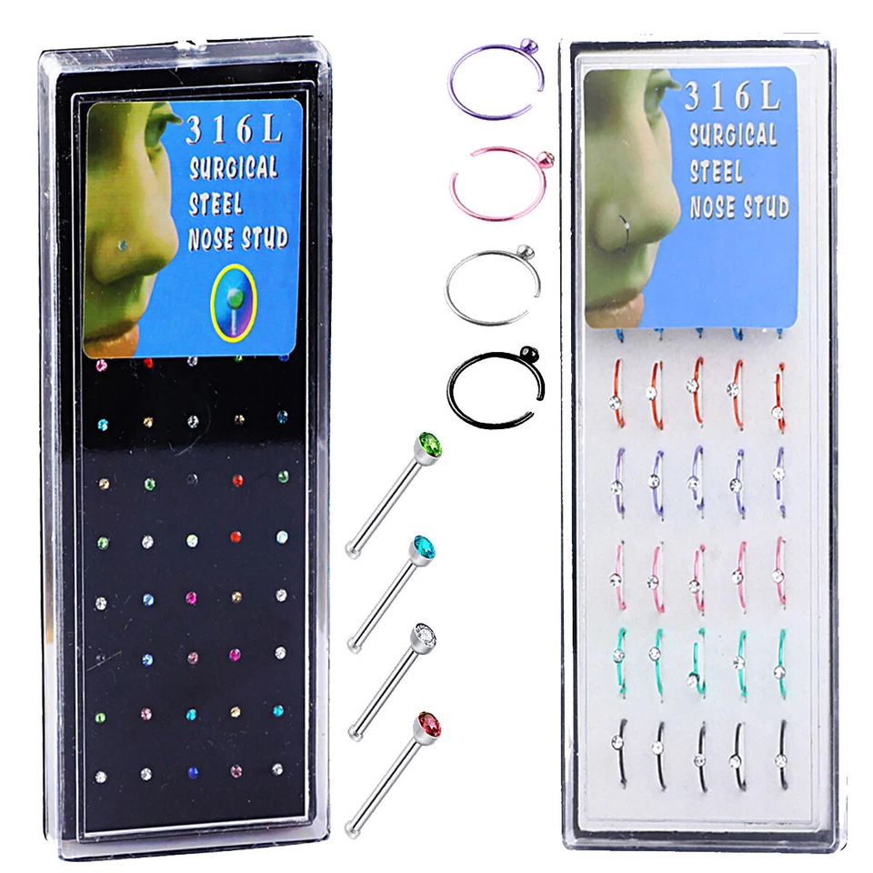 40-80 Piezas Anillo Nariz Acero Quirúrgico Colorido Circonita cúbica Hueso Tachuelas Nariz Pin Piercing 20G Foto 1 de 4