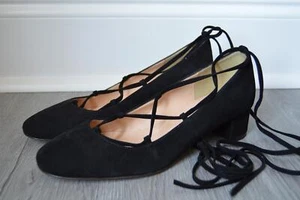 JCrew $218 Lace-Up Heels in Suede 8.5 Black f4867 Shoes Block NEW Classic Casual - Picture 1 of 3