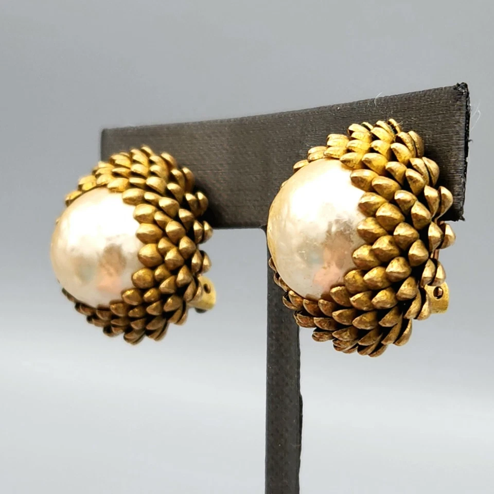Miriam Haskell Signed Faux Baroque Pearl Acorn Gold Tone Button Clip Earrings - Image 1 of 4