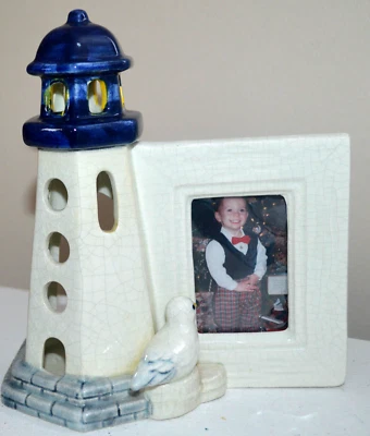 MARCO DE FOTOS PORTAVELAS NANTUCKET Cerámica Azul Blanco 8" COSTA NÁUTICA EN MUY BUENA CONDICIÓN Foto 1 de 4