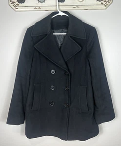 Women's 28.5" Double Breasted Black Wool Peacoat Coat Italy Size 10 Loro Piana - Picture 1 of 10