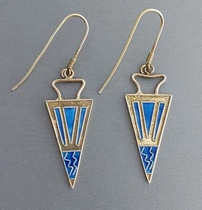 Vintage Brass Cloisonné Enameled Earring Blue Art Deco Style 2 1/8” - Picture 1 of 7