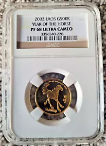2002 Laos Gold Year of the Horse NGC PF 68 Ultra Cameo 50000 Kip G50KK Rare - Picture 1 of 2