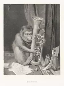 ULFFERS (*1819) nach SÜS (*1823), Der musizierende Affe, Lith. Symbolismus - Bild 1 von 5