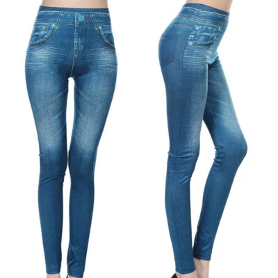 High Waist Jeggings Faux Denim Jeans Leggings Tummy Control Printed Pencil Pants - Image 1 of 4