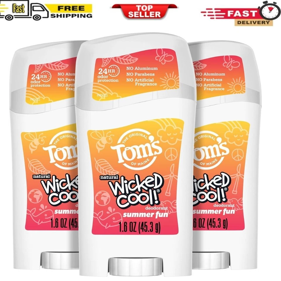 6 PK Tom's of Maine Natural Lasting Wicked Cool Summer Fun Deodorant Stick 1.6oz