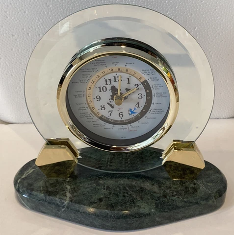 VTG World Time Qtz Analog Map Time Zone Clock Airplane Second Hand Granite Base Cover