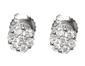 14k White Gold Mens/Ladies Round Diamond Flower Cluster Studs Earrings 5mm .15Ct - Picture 1 of 4