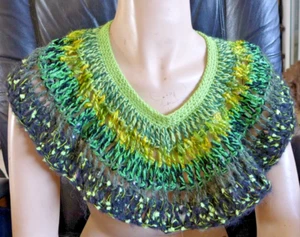 Handmade Crocheted Collar Scarf Wrap Shawll Green Gold Soft Threads Neck  Piece - Picture 1 of 14